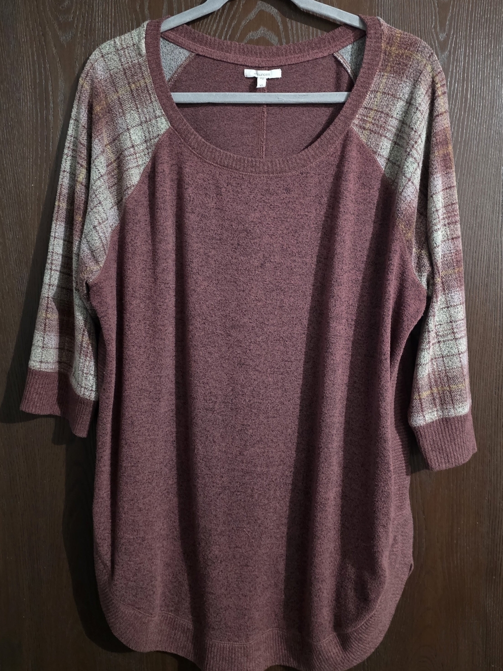 Maurices Plum Raglan-Sleeve Knit Tunic with Plaid Accent